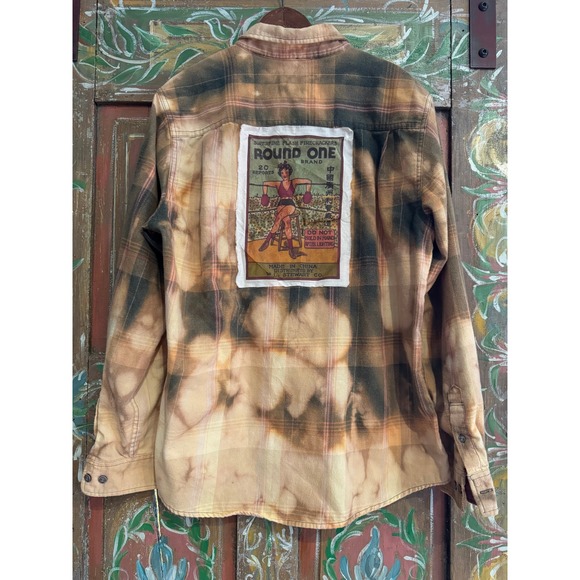 Upcycled Flannel Shirt M Firecracker Graphic Folk Art One of One - Picture 4 of 9